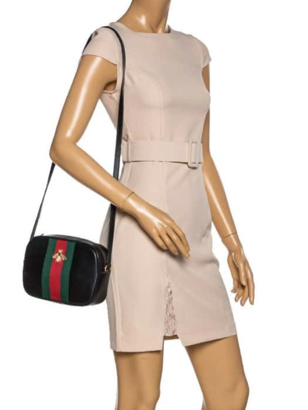 Gucci Webby Black Leather Camera Crossbody Bag Green Red Web Bee - Picture 2 of 15